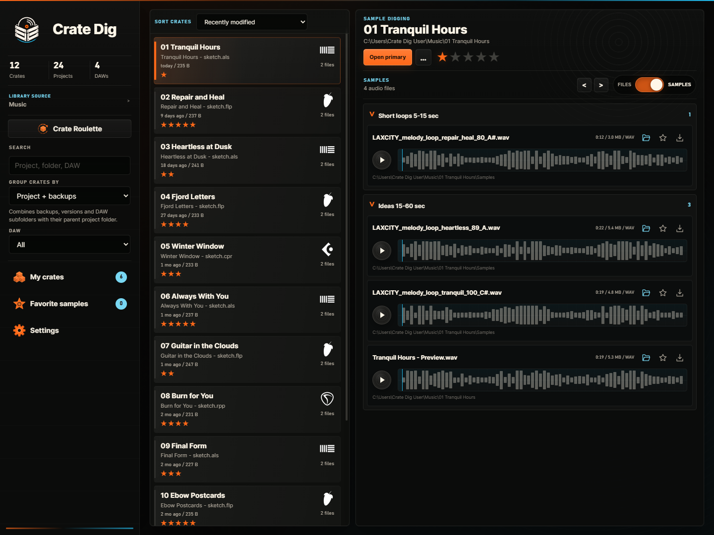 Clean Crate Dig demo library with Tranquil Hours, Repair and Heal, and sample waveforms.